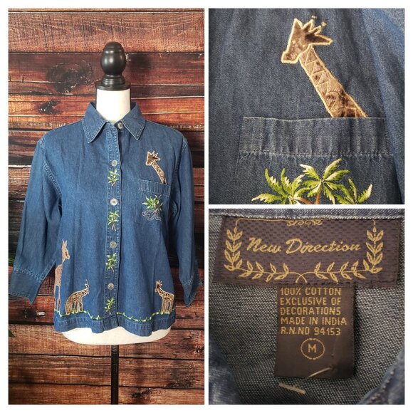 New Direction Denim Jean Top Size M Embroidered Velvet Giraffe Shirt 3/4 Sleeves - Picture 1 of 12